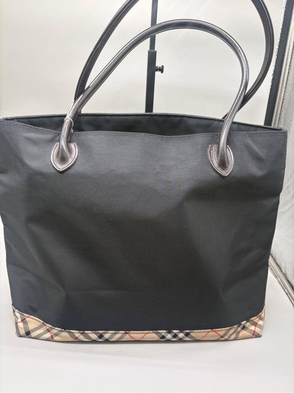 Burberry Black Nylon Nova Check Leather Handle Large Tote Bag